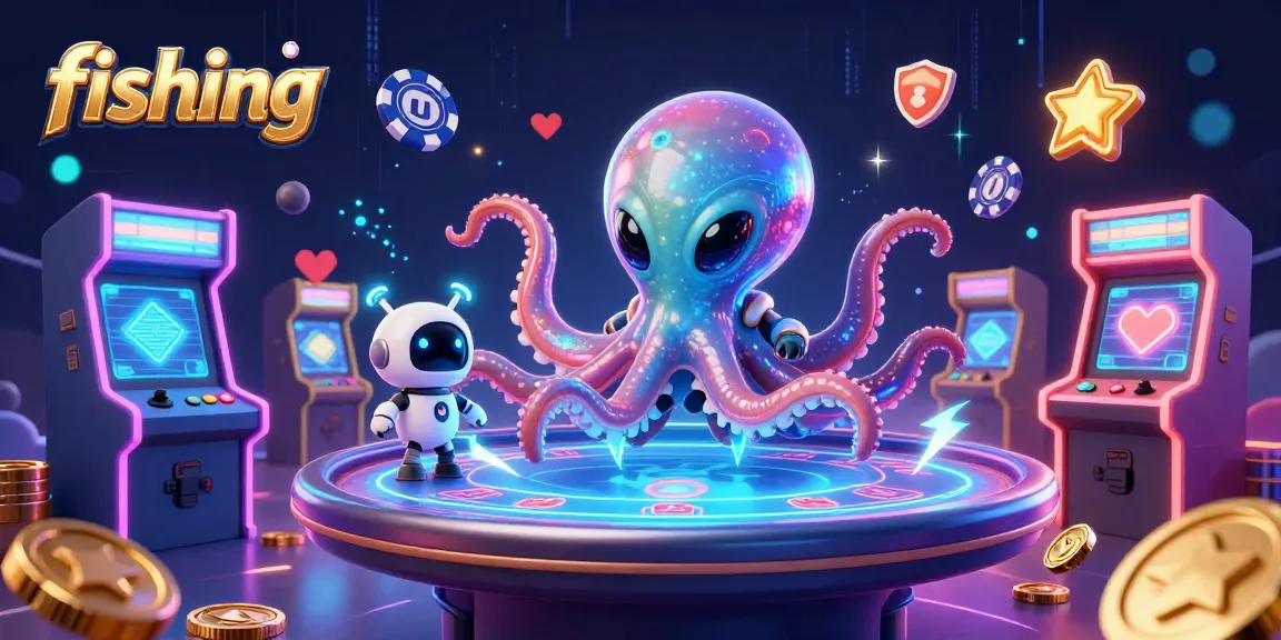 Experience thrilling fishing action at a cosmic poker table with a playful octopus and robot!