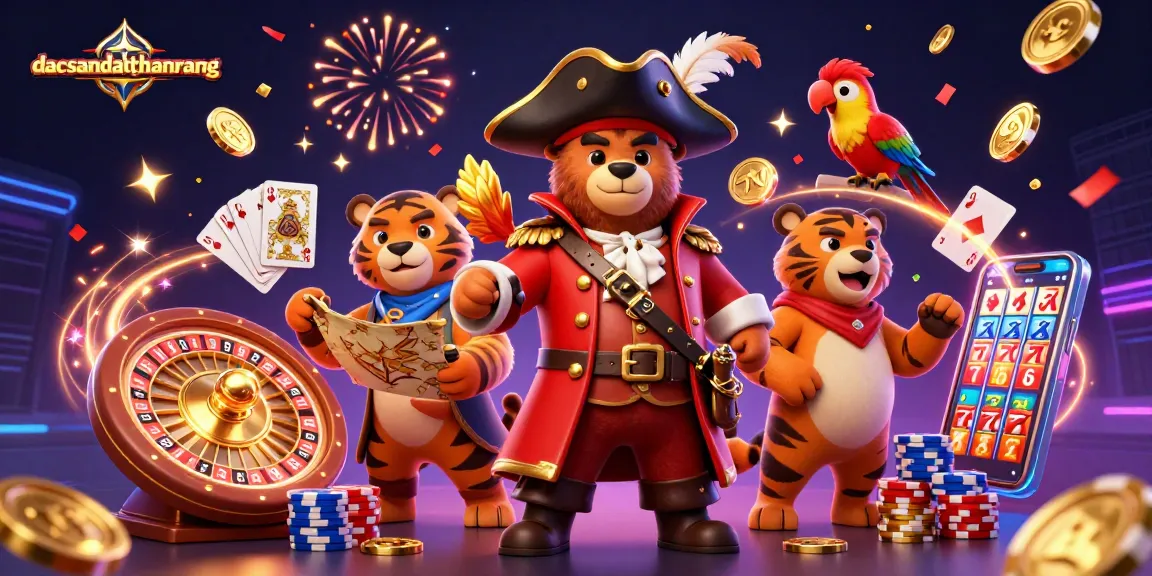 Experience gaming excitement at dacsandatphanrang with colorful casino elements and characters celebrating wins.