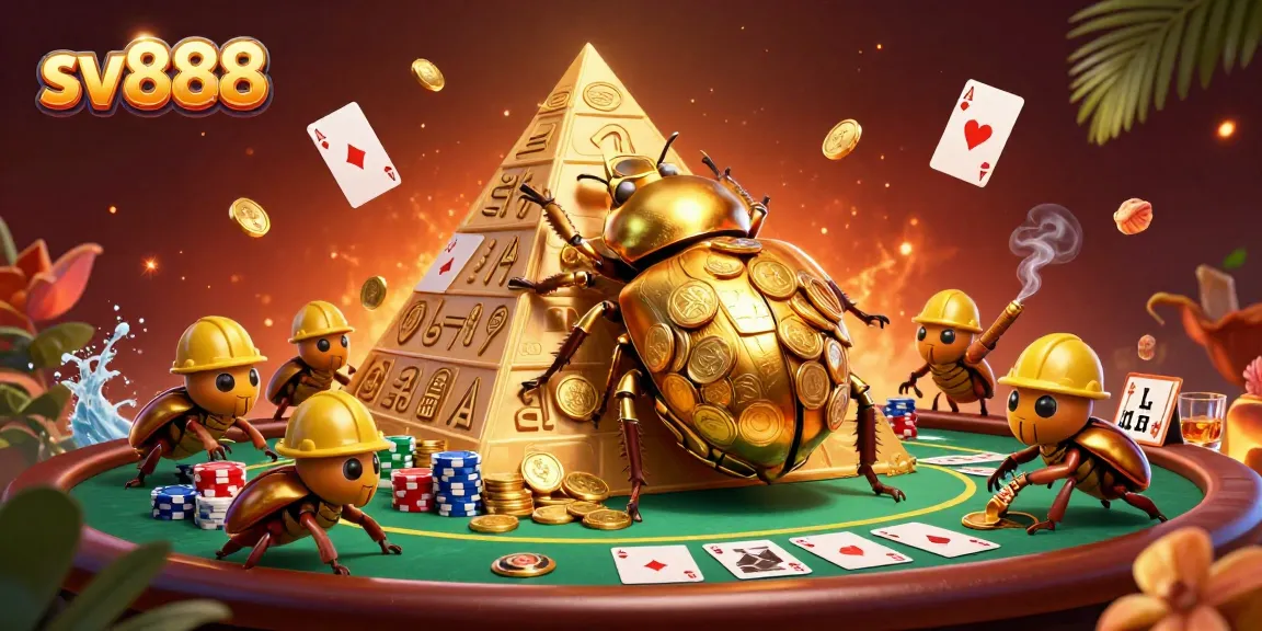 Join the excitement of sv888 through a vibrant, action-packed casino scene with golden beetles.