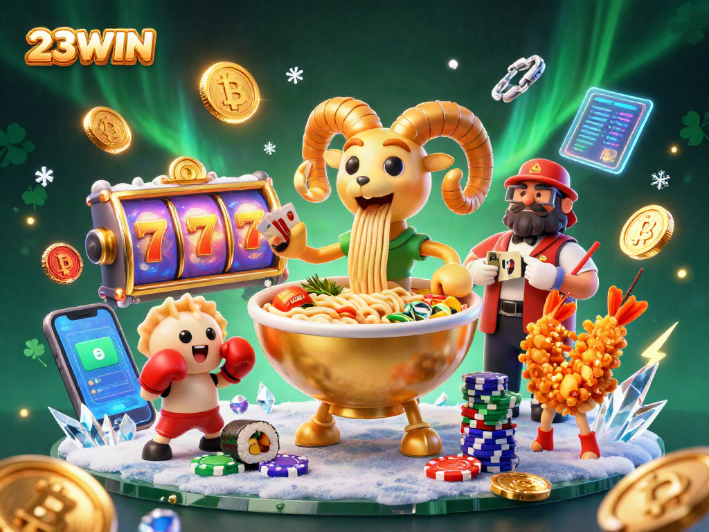 Experience 23WIN action with vibrant slot reels and animated characters in a dynamic casino scene.