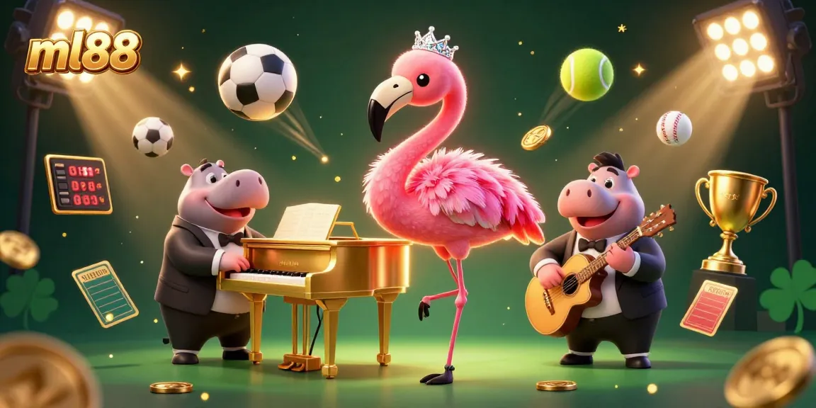 Engaging ml88 casino scene featuring a flamingo singer and hippo bassist amidst vibrant gaming elements.