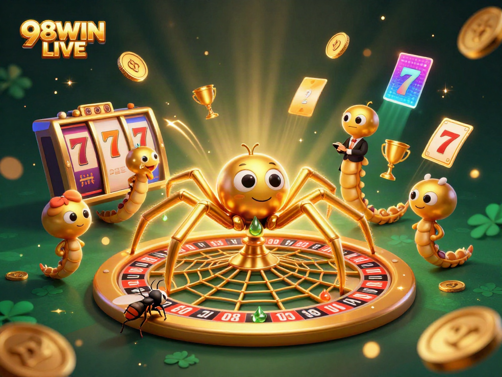 Place your bets with 98WIN LIVE as the golden spider spins a roulette wheel web