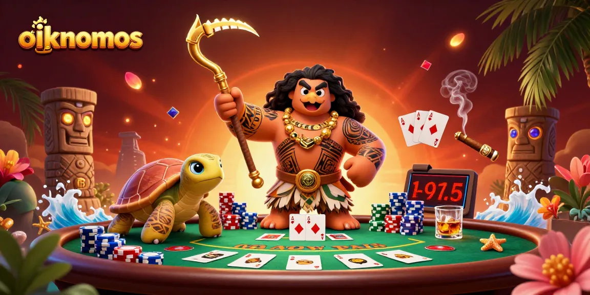 Oikonomos captures the excitement of poker with a vibrant 3D scene packed with colorful elements and characters.