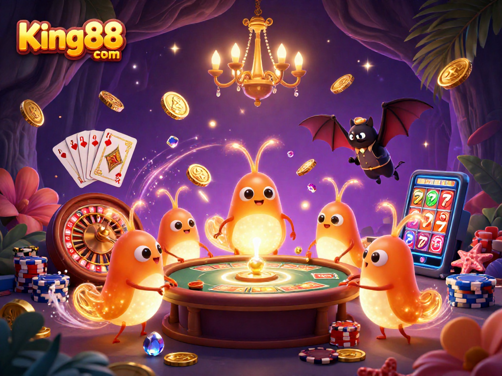 Experience the lively atmosphere of King88 com with animated glowworms and a bat dealer in a vibrant casino scene.