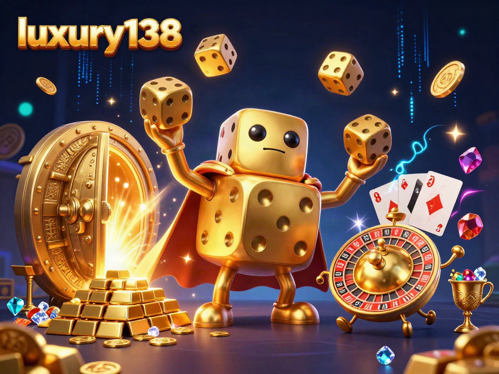 Experience the excitement of luxury138 with dynamic 3D illustration of golden dice, gems, and casino elements.