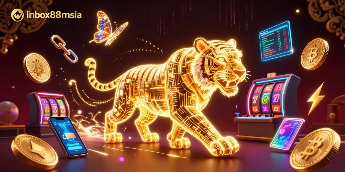 Engage with winbox88msia in this vibrant casino scene featuring a golden tiger and crypto elements.