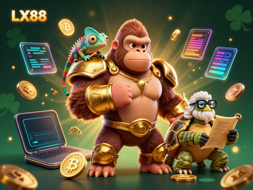 Experience thrilling gameplay with LX88 at a vibrant casino scene depicting key characters and crypto elements.