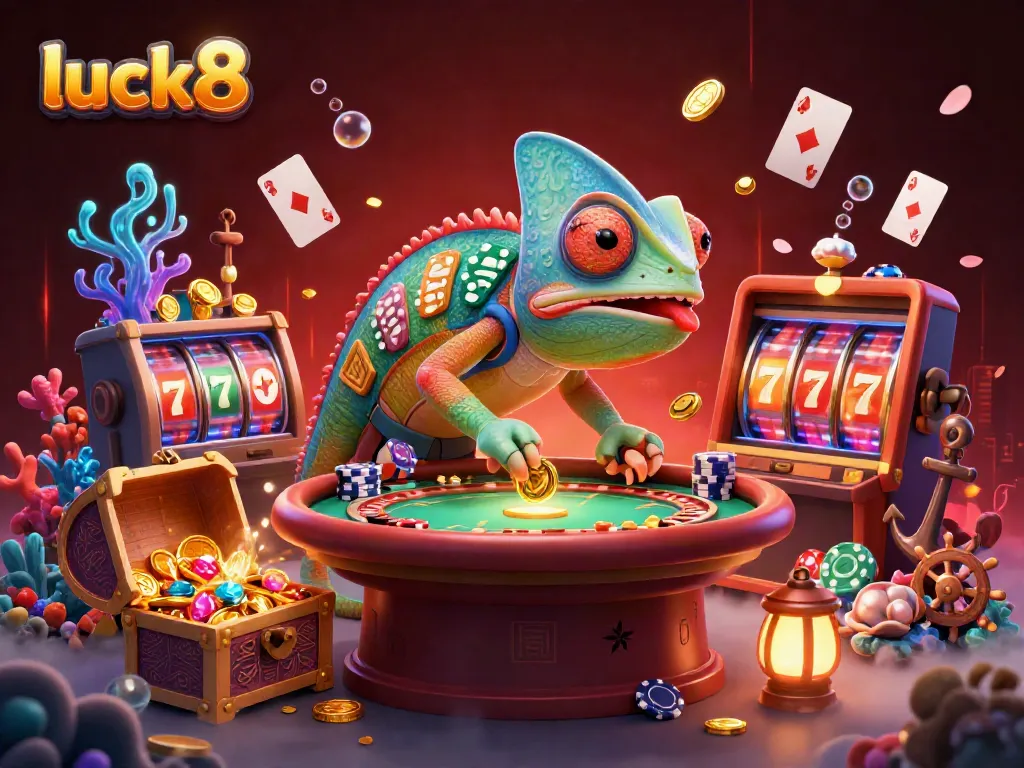 Experience luck8 in this vibrant 3D casino scene with a chameleon owner and dynamic gaming elements.