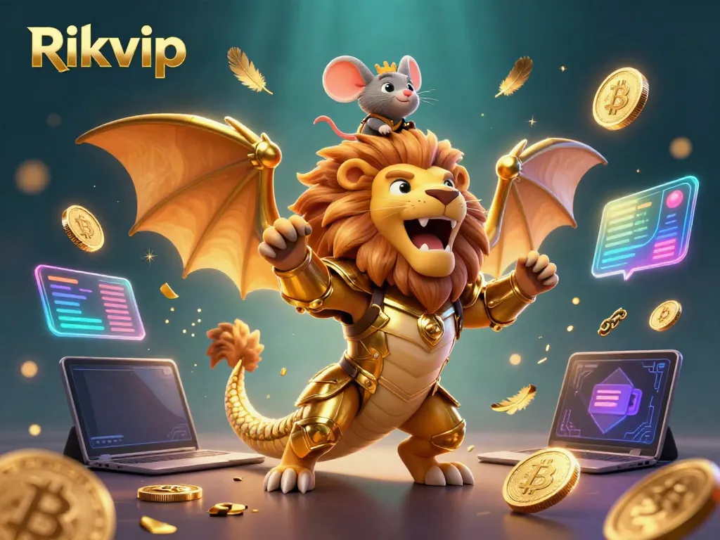 Engage in exhilarating gameplay with Rikvip featuring a triumphant chimera and cryptocurrency elements.