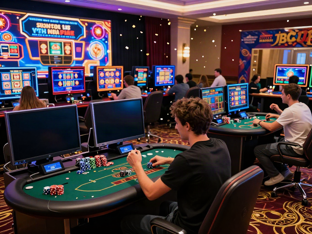 Exciting gaming scene at casinos not on gamstop with diverse players celebrating wins amid colorful displays.