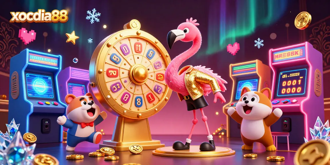 xocdia88 engages players with colorful cartoons and vibrant casino elements in an exciting game show setting.