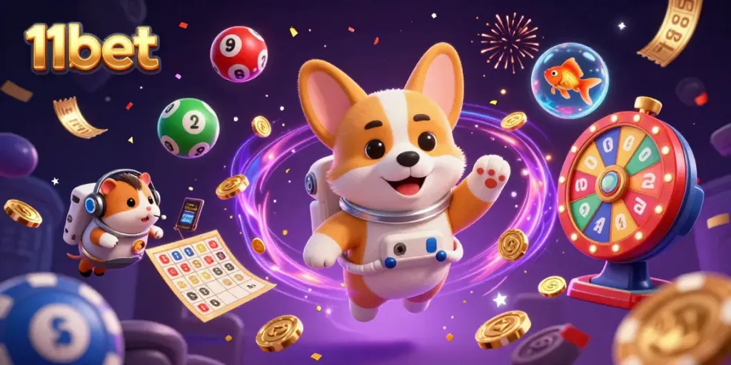 11bet promotes fun gaming experiences with an astronaut corgi in a floating casino.