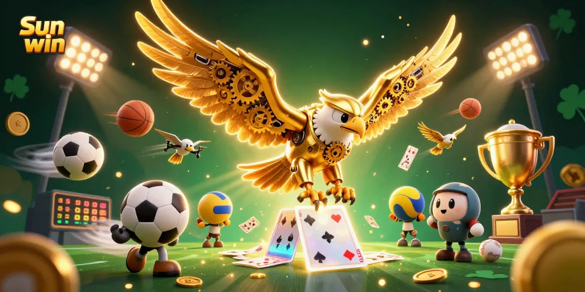 Experience the excitement of Sun win with a dynamic 3D illustration featuring a golden eagle amidst vibrant gaming elements.
