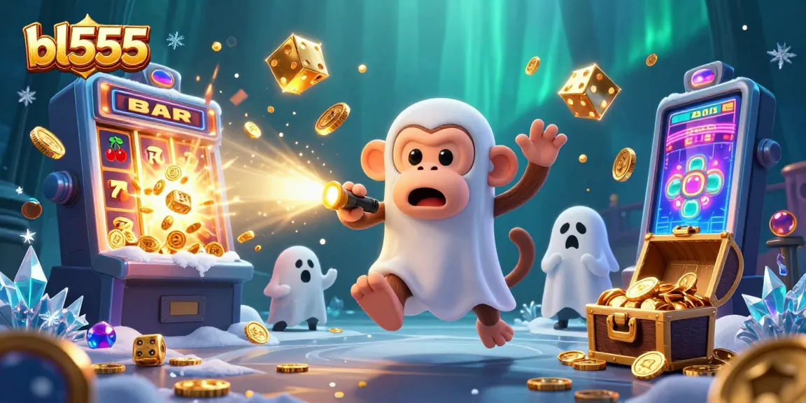 Experience thrilling gaming action at bl555 with a mischievous monkey and a ghost-hunter puppy in a vibrant casino.