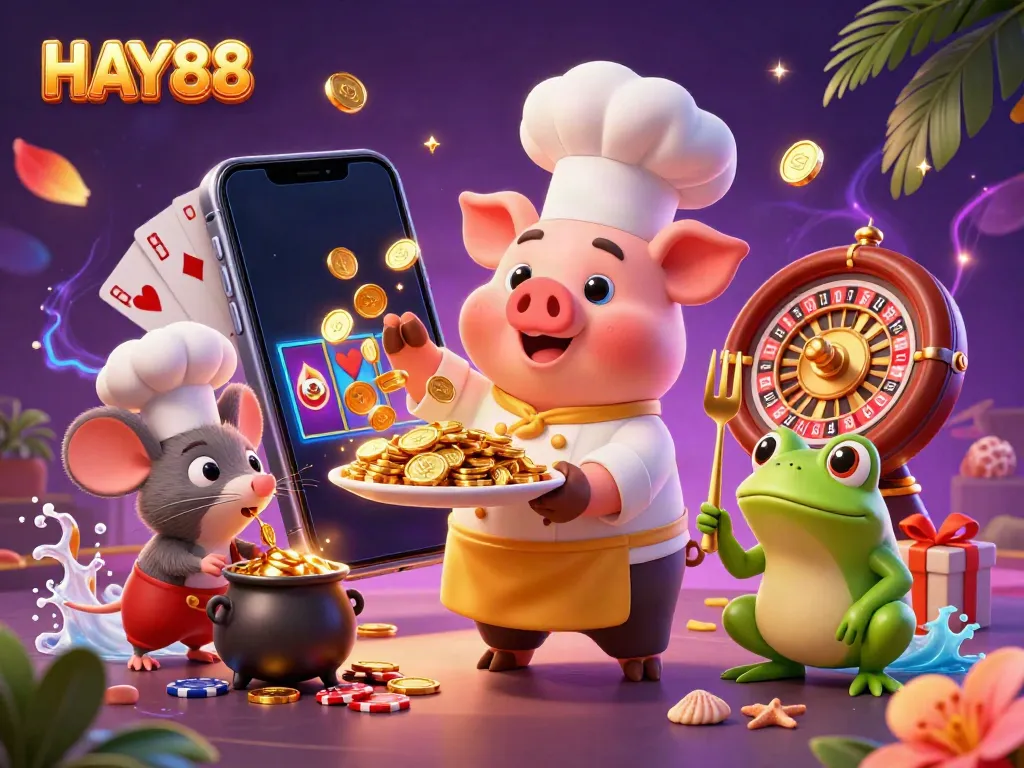 Engage with HAY88's vibrant casino experience featuring gourmet gold coins served by a chef pig and gaming elements.