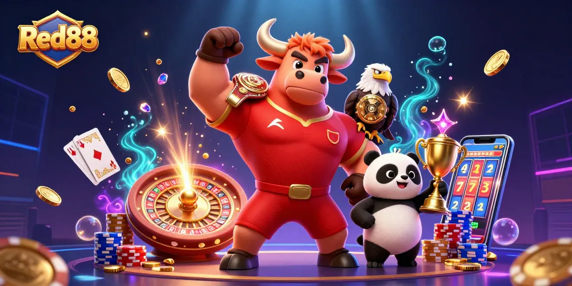 Experience the excitement of Red88 with a victory pose by a bull mascot, coins, and gaming elements.
