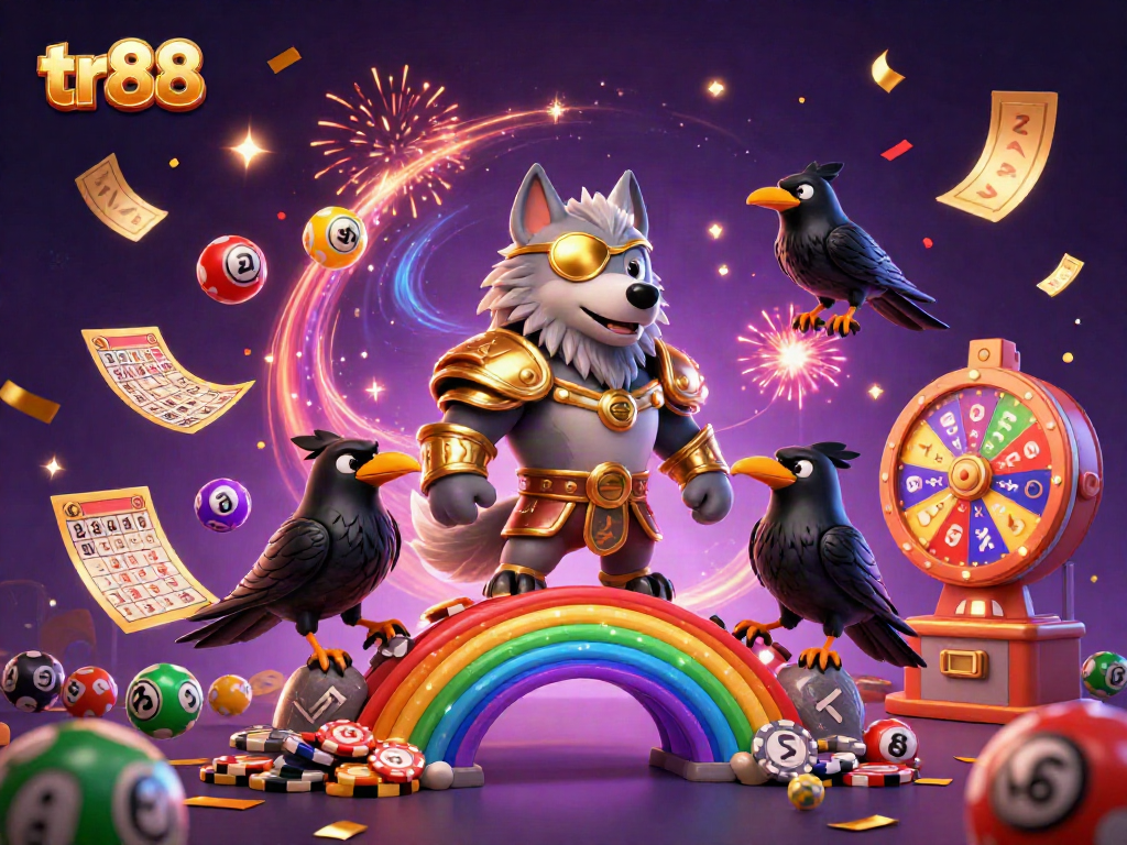 tr88 features a magical casino scene with Odin's wolf and avatars celebrating vibrant gameplay.