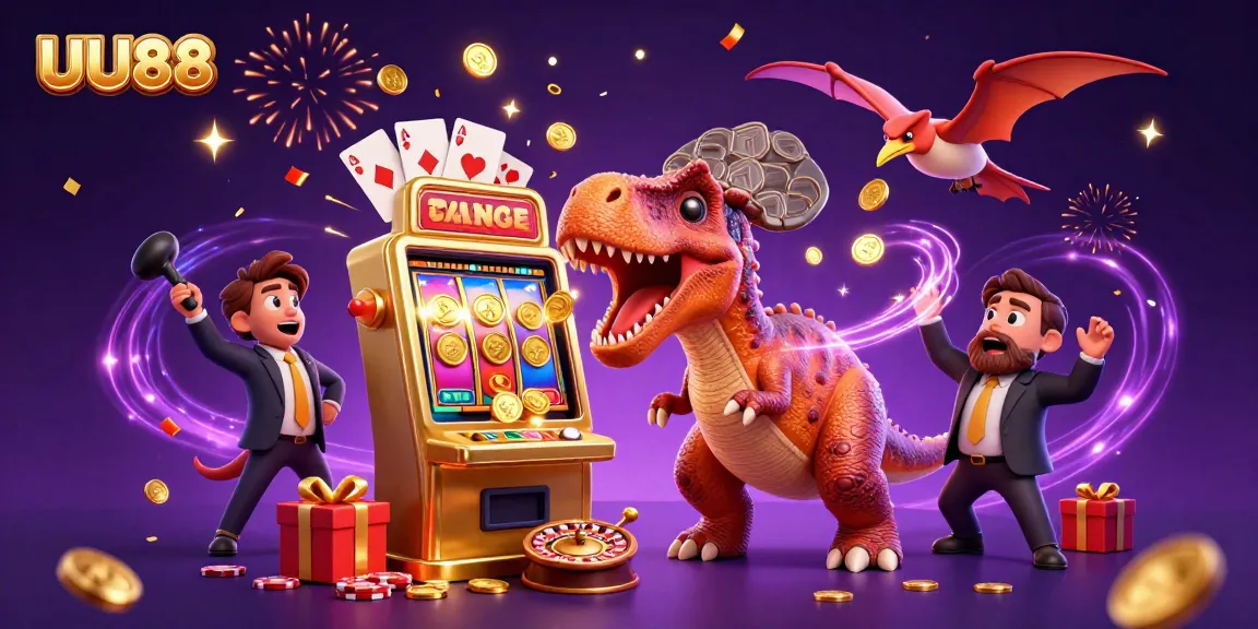 UU88 animated scene depicting an exciting jackpot win with cartoon dinosaurs, vibrant casino elements, and flying coins