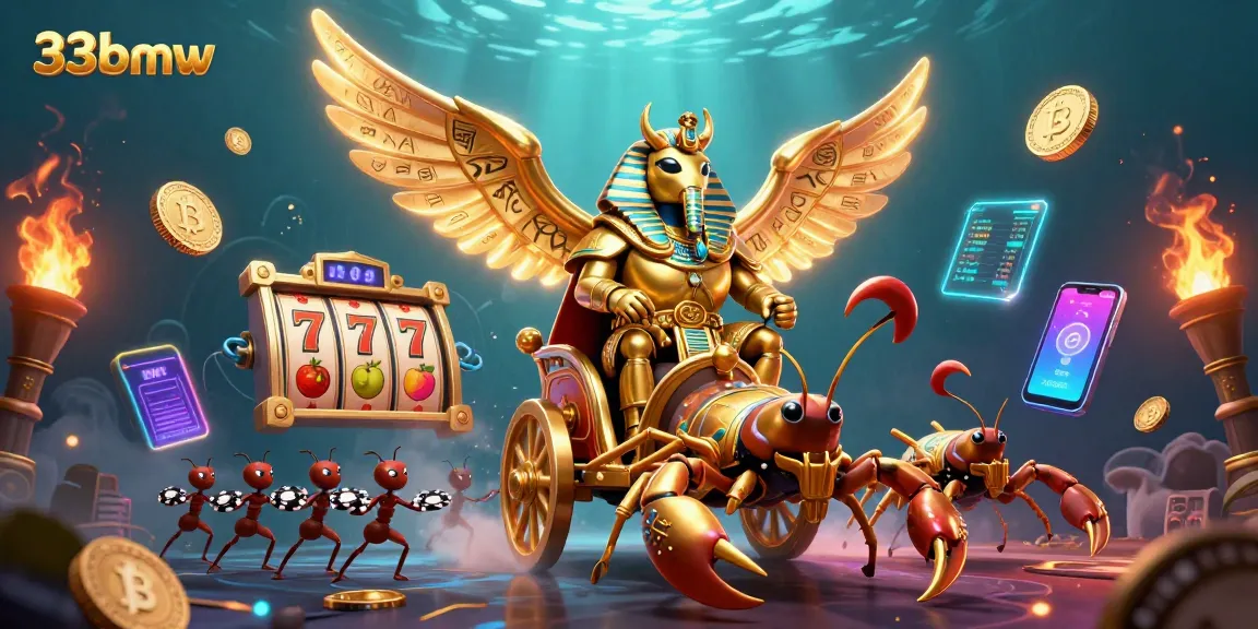 Experience thrilling slots with 33bmw through a dynamic scene featuring a golden beetle and vibrant casino elements.
