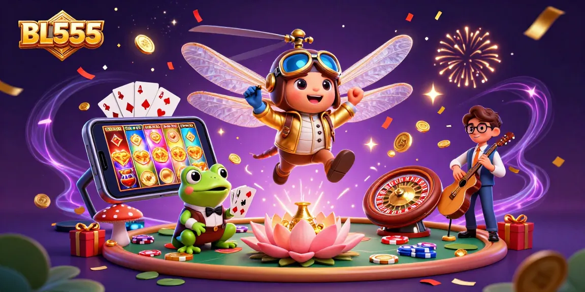 Experience thrilling gaming with BL555 at a vibrant lily pad casino featuring unique characters.
