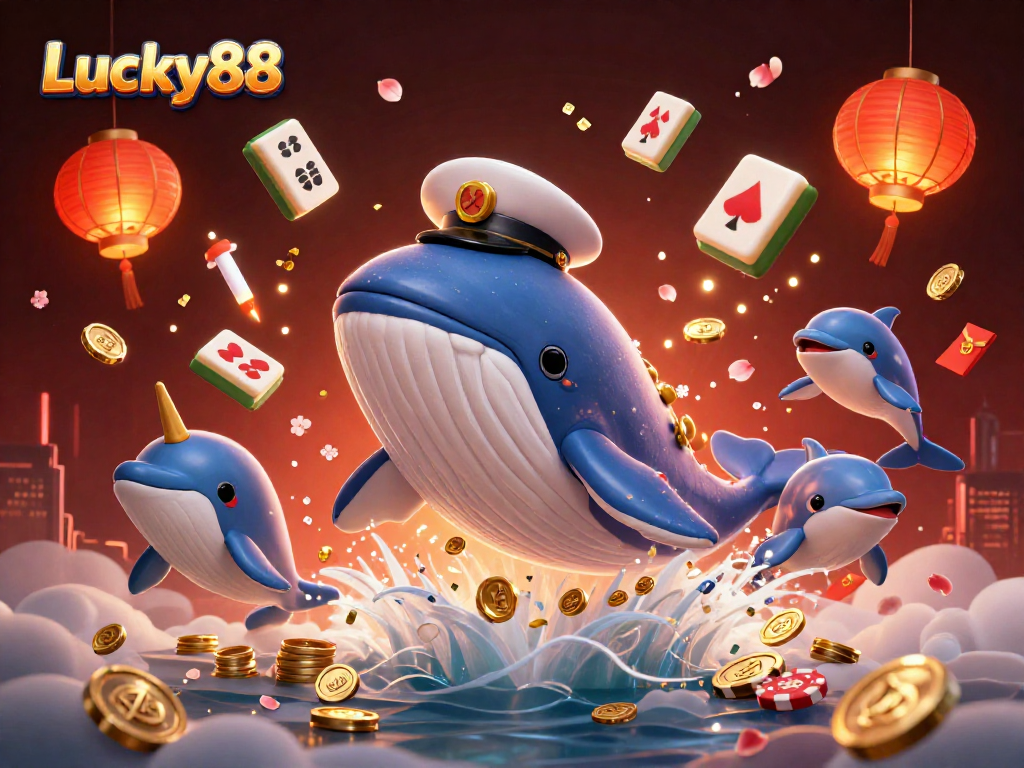 Experience the exhilarating world of Lucky88 with a whimsical 3D scene featuring a cartoon whale and playful dolphins amidst casino treasures.