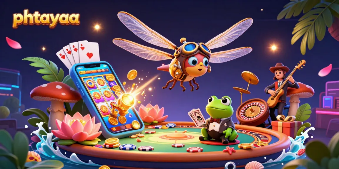 Join the excitement at phtayaa with vibrant gaming action illustrated by a dragonfly pilot and a frog croupier.
