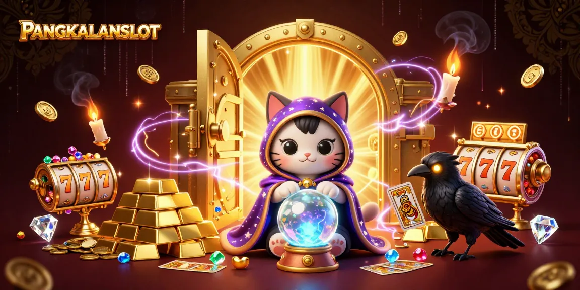 PANGKALANSLOT showcases a vibrant casino scene with a mystical cat and raven amidst golden treasures and slot reels.