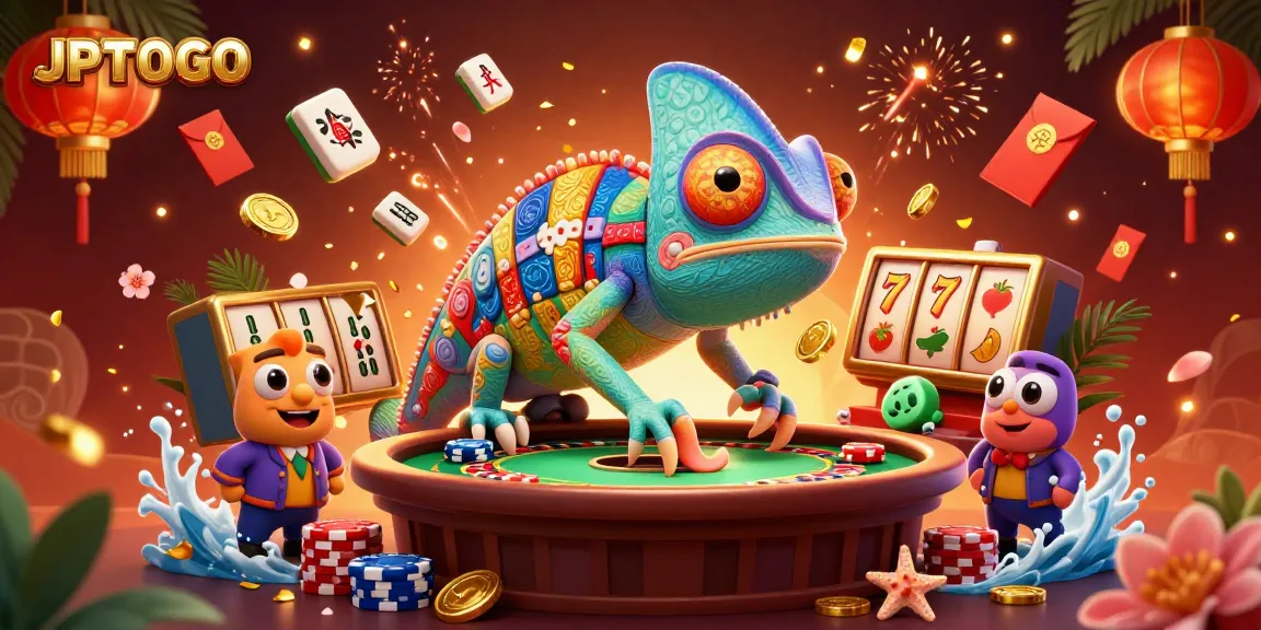 Engage with JPTOTO in this vibrant 3D casino scene featuring dynamic gaming elements.