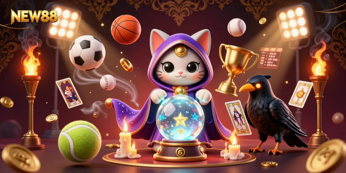 Engage with NEW88's vibrant gaming scene as a mystical fortune teller cat and a raven enchant players, illuminated by thrilling sports action.