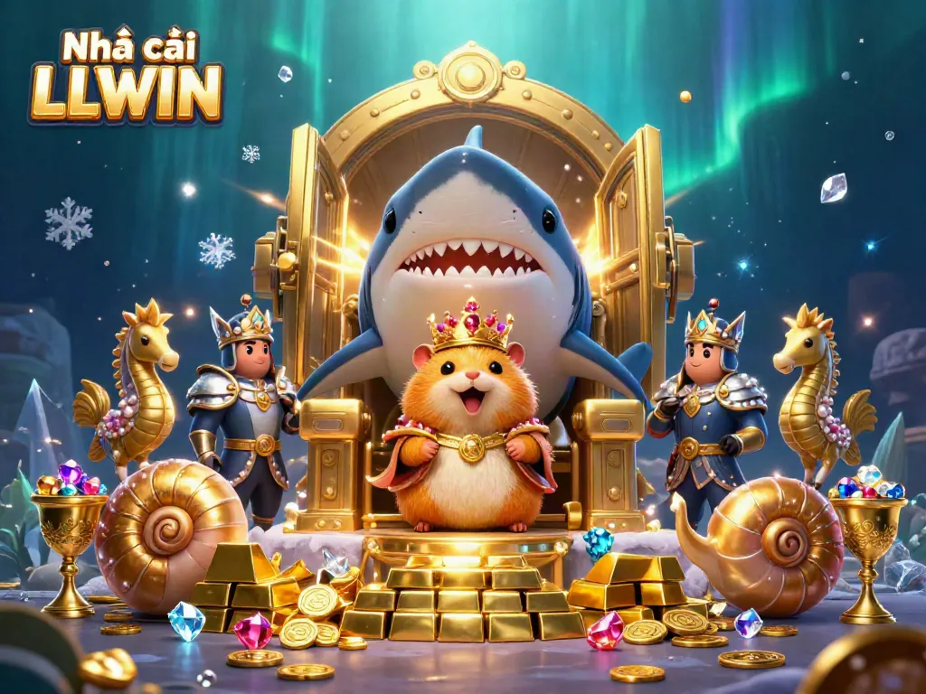 Experience the power of Nhà cái LLWIN with a fierce hamster king on a treasure throne amidst gems and gold.