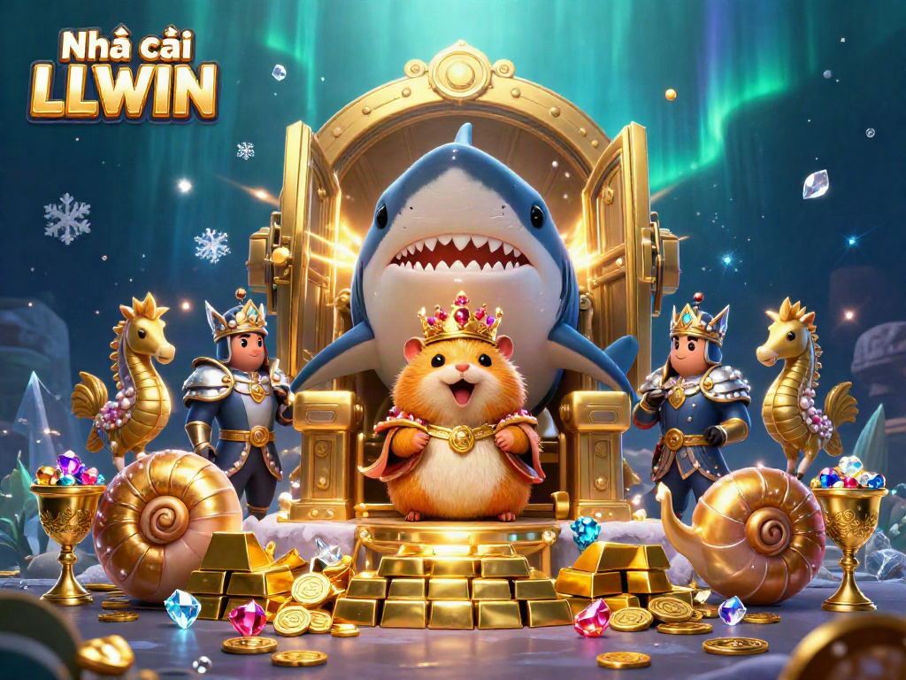 Experience the power of Nhà cái LLWIN with a fierce hamster king on a treasure throne amidst gems and gold.