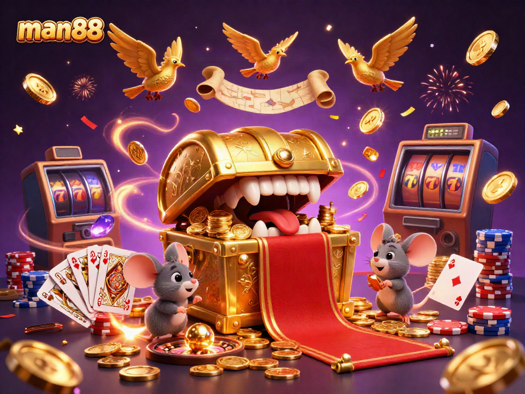 Experience thrilling wins at man88 with a vibrant 3D illustration showcasing exciting casino action.