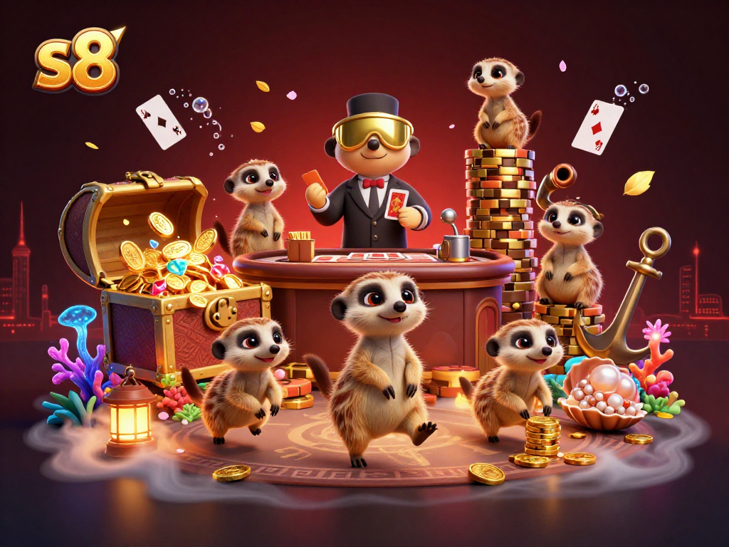 Experience the thrilling action at s8's casino with meerkats managing games in a vibrant, colorful setting.