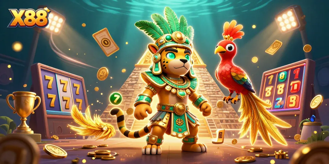X88 presents a vibrant gaming experience with a Mayan jaguar priest and dynamic slot elements.
