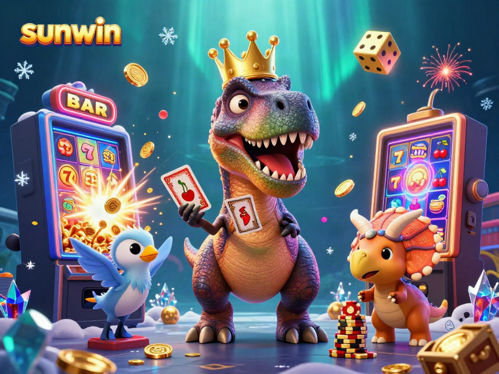 Experience the excitement of sunwin with a T-Rex shuffling cards, a colorful casino scene bursting with jackpots.