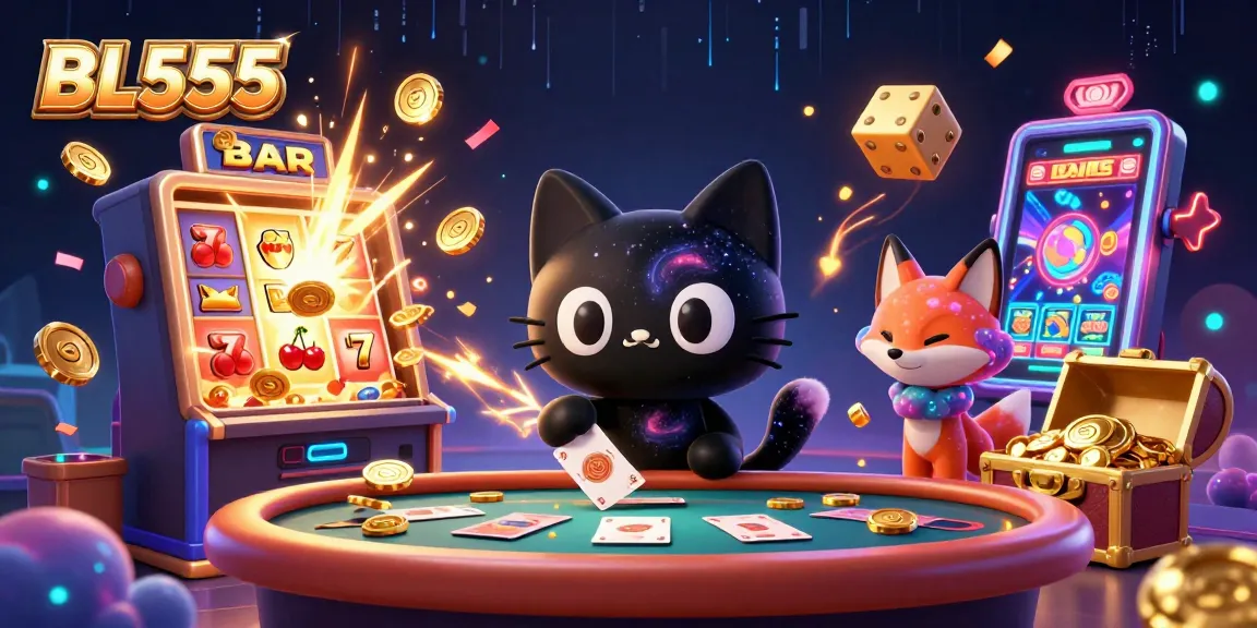 Join the cosmic fun at BL555 with a black hole cat and a nebula fox amidst thriving casino games.