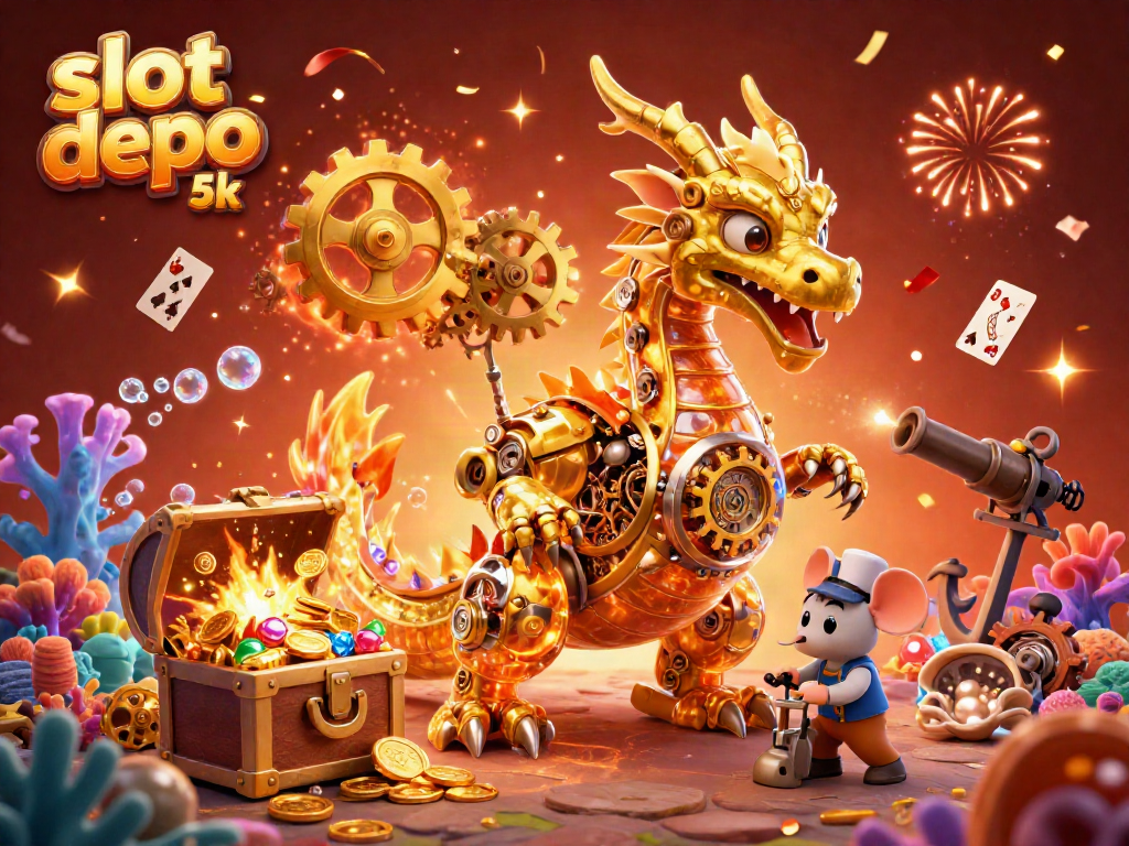 Experience the thrill of winning at slot depo 5k with a dazzling scene featuring a golden dragon and rich casino elements.