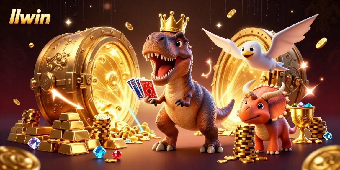 Experience llwin's thrilling gaming atmosphere with T-Rex shuffling cards and vibrant treasures!