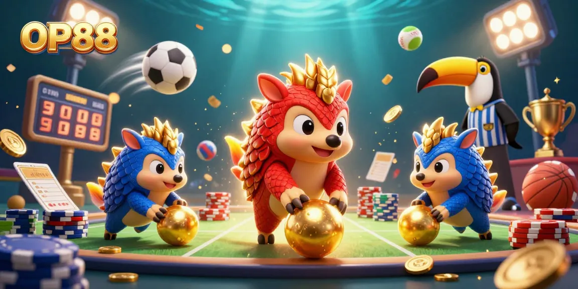 Experience exciting gaming action with OP88's vibrant pangolins and sports elements!