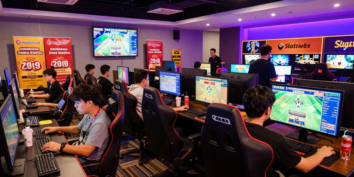 Situs Slot Gacor Asialive88 gaming lounge with players enjoying online casino action, vibrant atmosphere