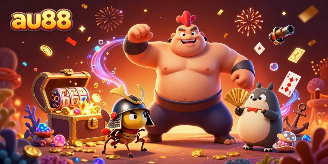 au88's stunning slot games come alive in a vibrant 3D illustration with dynamic characters and action.