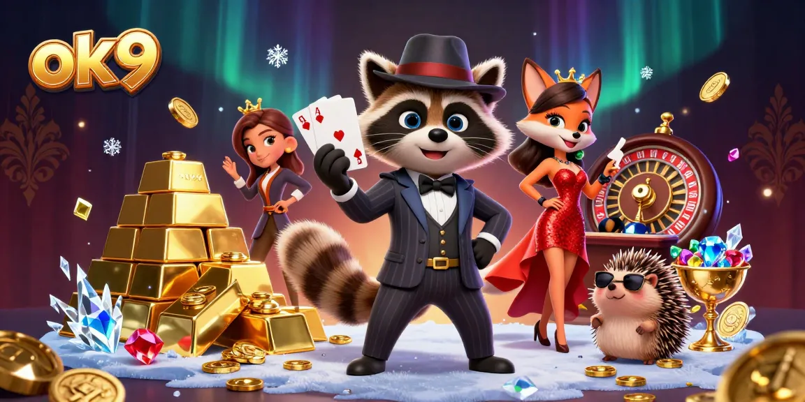 Experience the thrill of winning at ok9 with a charismatic raccoon, elegant fox, and hedgehog bouncer surrounded by casino riches.