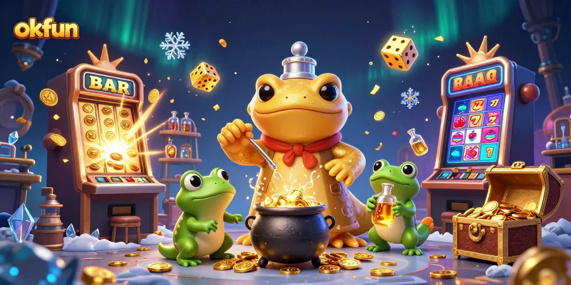 Spin to win with okfun at lively slot machines, featuring an alchemist creating gold and vibrant casino elements.