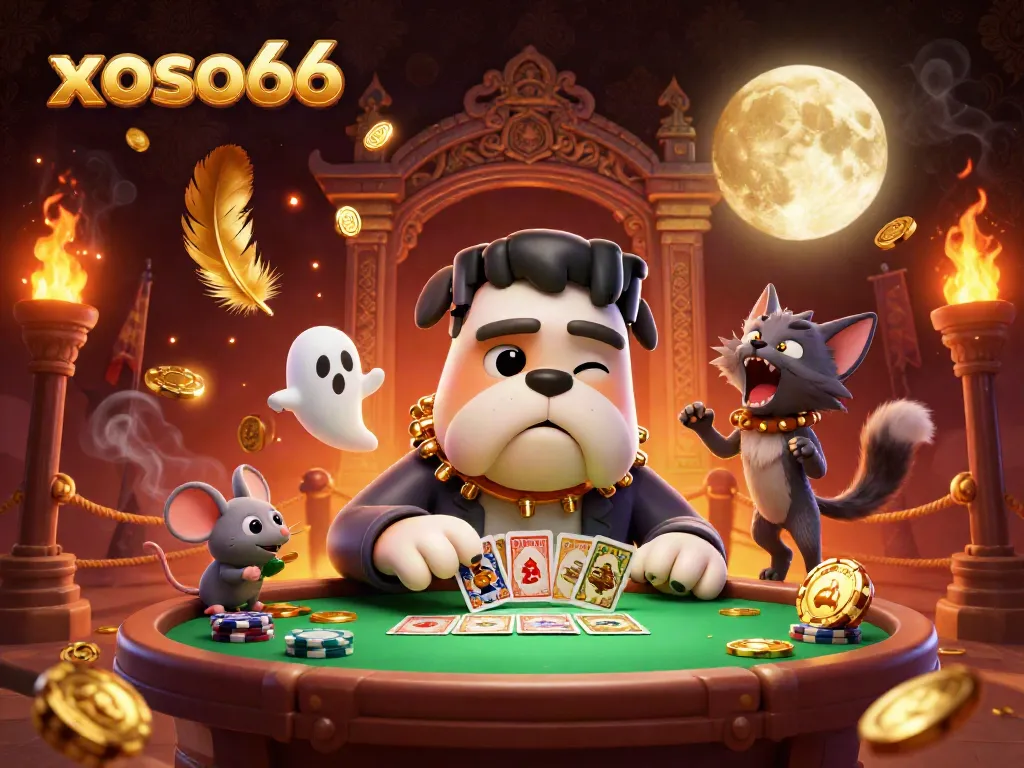 Experience excitement at xoso66 with a lively scene featuring a Frankenstein bulldog dealing cards.