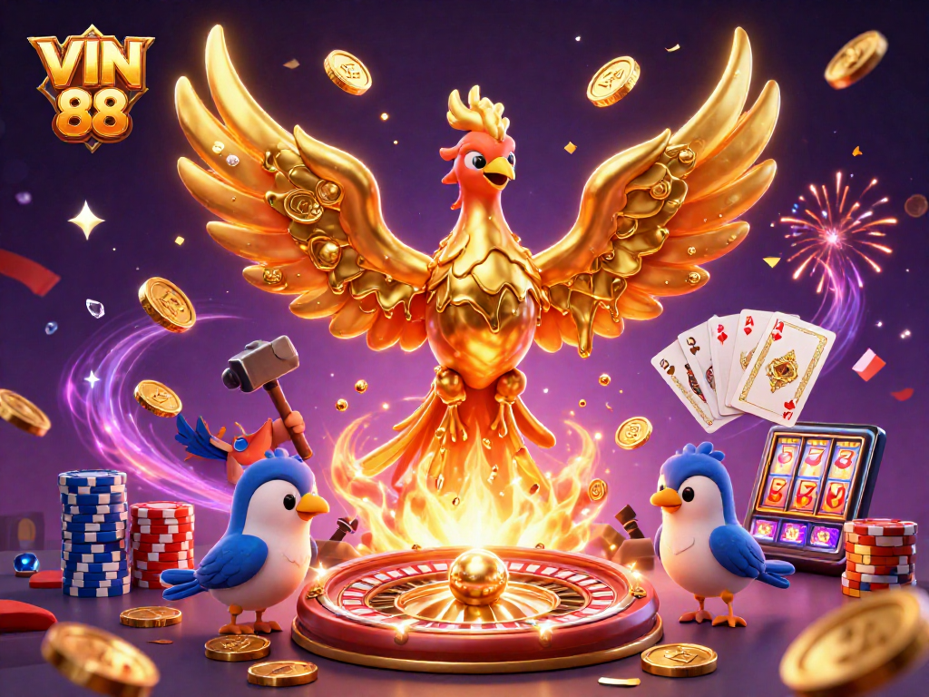 Experience the excitement of VIN 88 with a dynamic 3D casino scene featuring a molten golden phoenix!