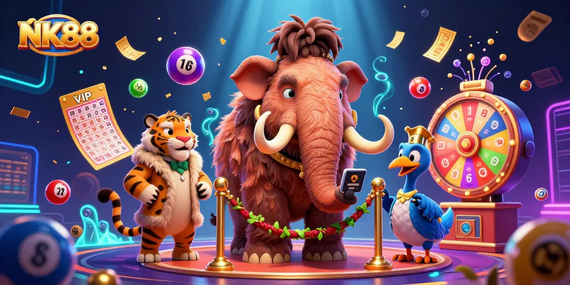 Experience thrilling gaming at NK88 with dynamic lottery elements and vibrant casino characters.