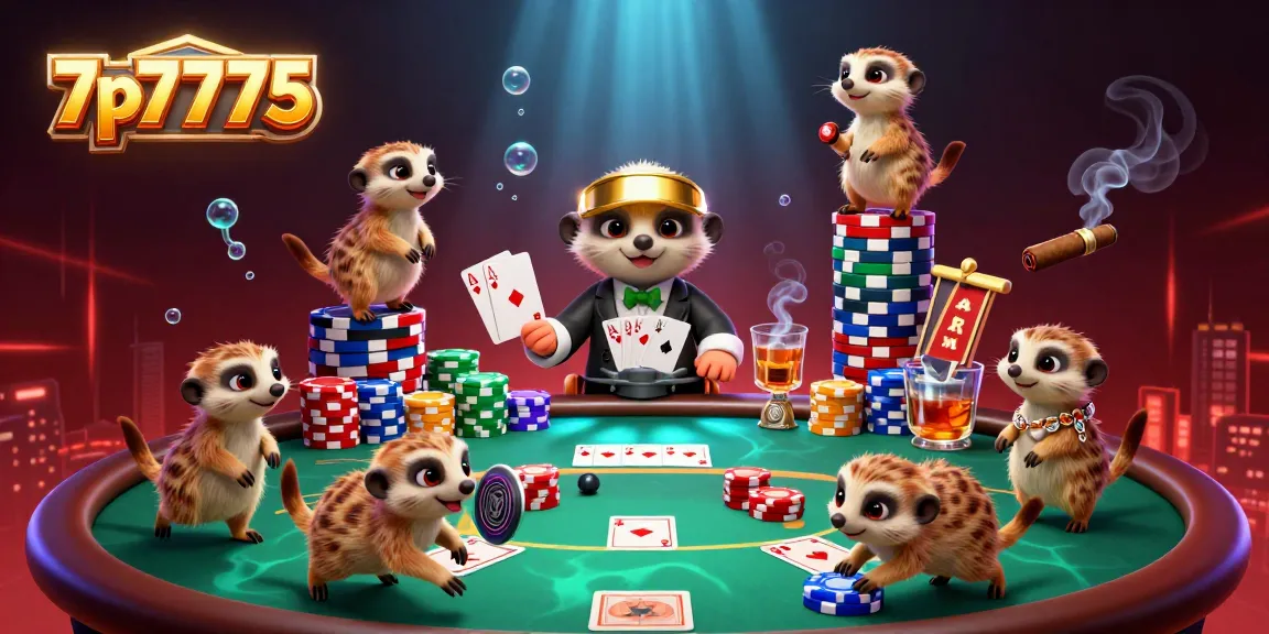 7p7775 meerkats running an animated casino with poker elements and vibrant colors.