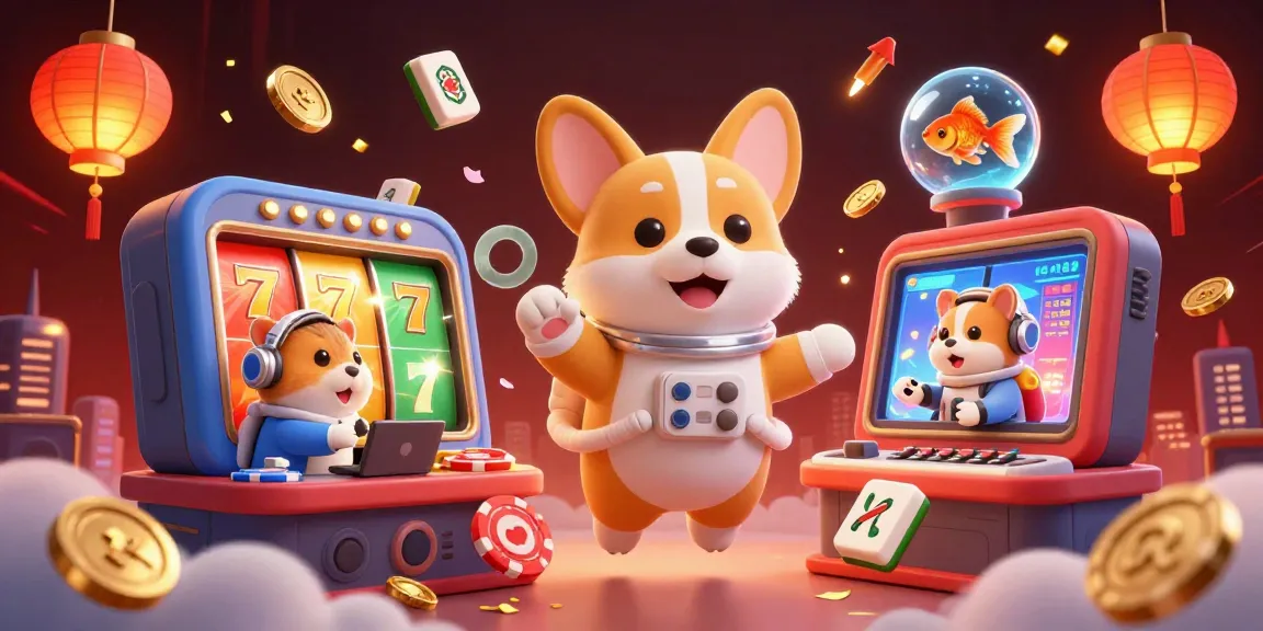 Engage with the dynamic casino experience at TK888, featuring a floating astronaut corgi amidst dazzling games and golden tokens.