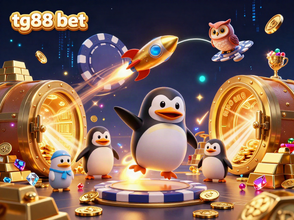 Play thrilling games at tg88 bet surrounded by glimmering treasure and a dynamic whale of a penguin in space.