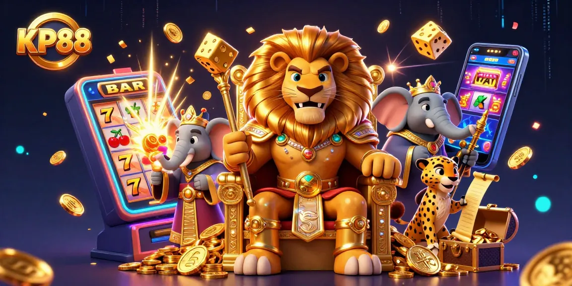 Spin the reels at KP88 with exciting jackpots from vibrant slot machines and a lion king at the center.